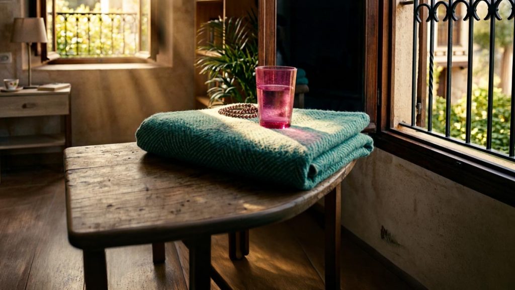 A still-life of an open window with light falling across a folded blanket and a glass of water, illustrating the Dua for Healing.