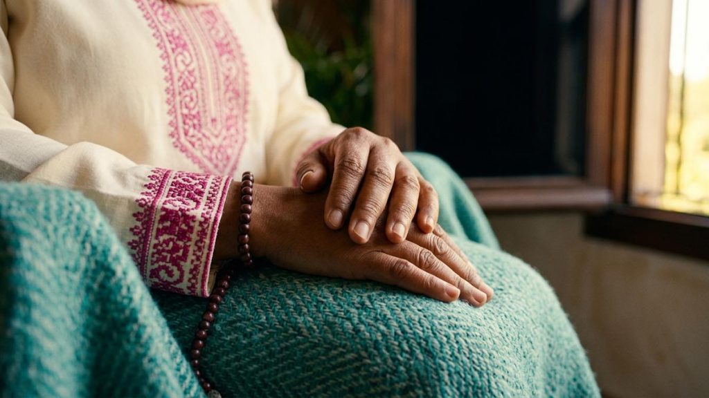 Close view of a Muslim woman's hands and the open window during the Dua for Healing.