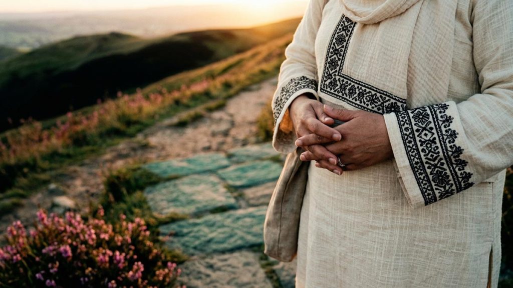 Close view of a Muslim woman's hands and the rising path during the Dua for Higher Ranks in Jannah.
