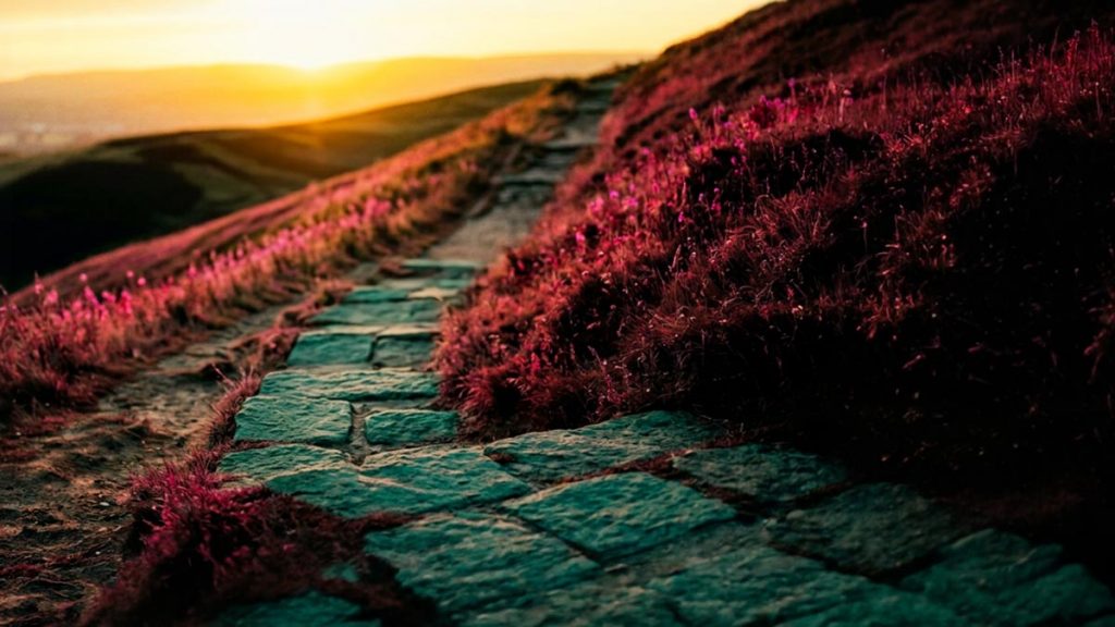 A still-life of a rising path climbing towards a bright open horizon, illustrating the Dua for Higher Ranks in Jannah.