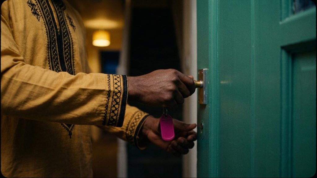 Close view of a Muslim man's hands and the locked front door during the Dua for Home Protection.