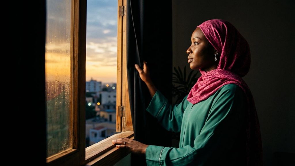A Muslim woman at a window as first light breaks after a long night, an opening scene for the Dua for Hope.