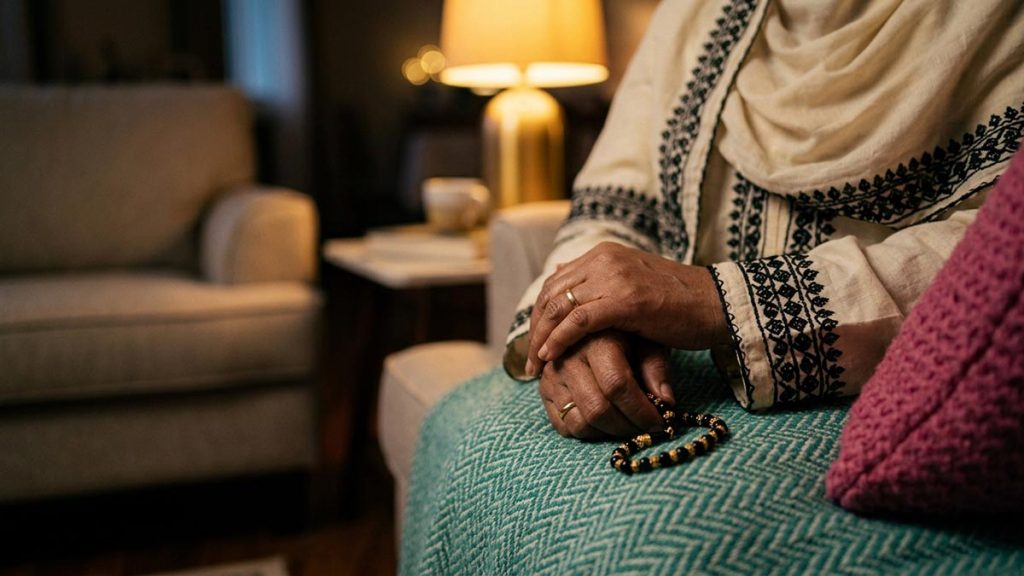 Close view of a Muslim woman's hands and the tidy living room during the Dua for Household Peace.
