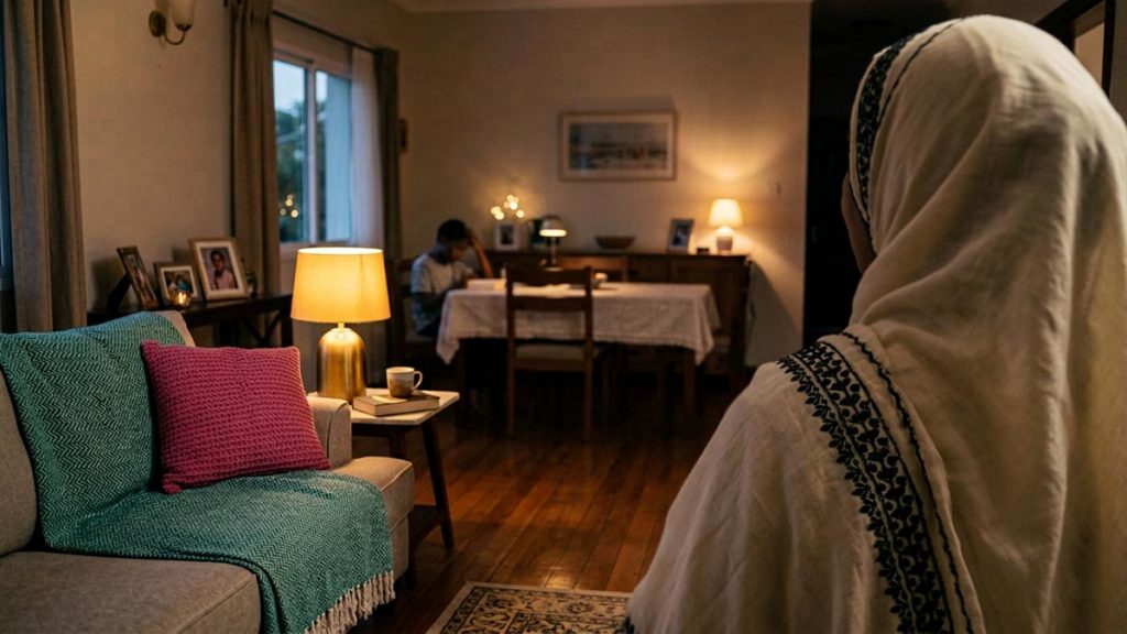 A Muslim woman seen from behind in a calm, tidy family home in the evening, reflecting the Dua for Household Peace.