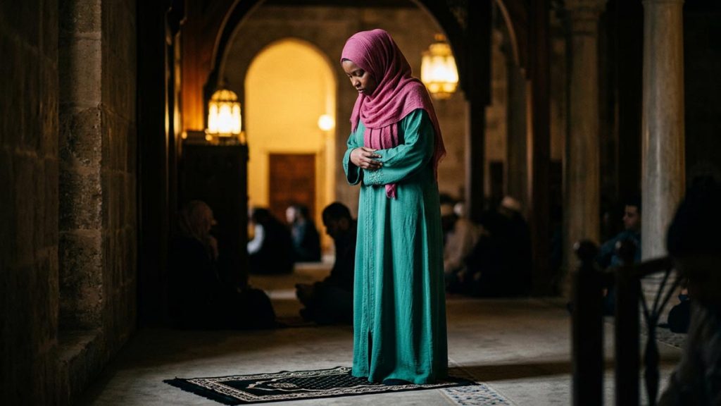 A Muslim woman on a prayer mat with the gaze lowered, an opening scene for the Dua for Humility in Salah.