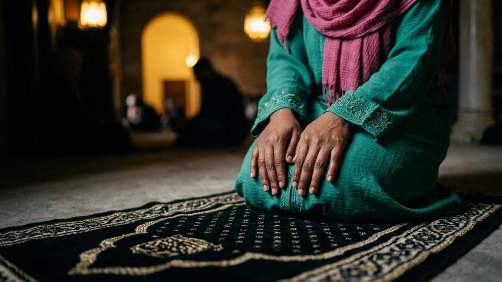 Close view of a Muslim woman's hands and the prayer mat during the Dua for Humility in Salah.