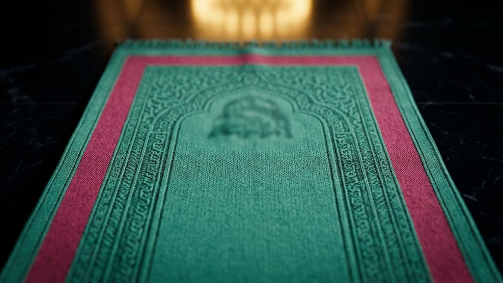 A still-life of a prayer mat with the place of prostration in soft focus, illustrating the Dua for Humility in Salah.