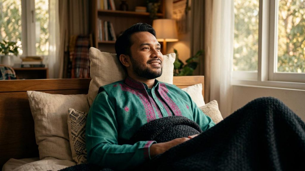A Muslim man in a restful bedroom with soft daylight, an opening scene for the Dua for Illness.