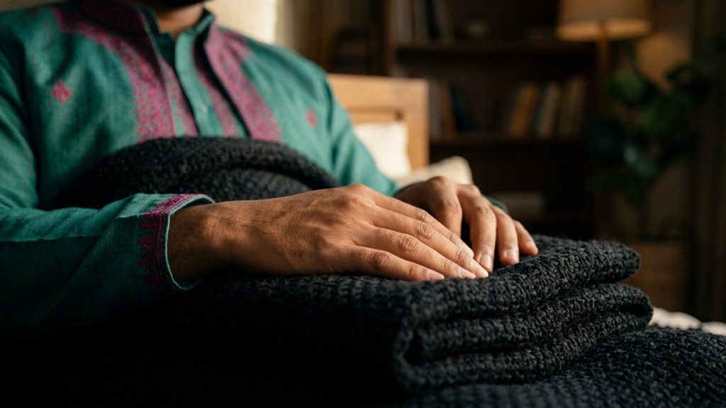 Close view of a Muslim man's hands and the folded blanket during the Dua for Illness.