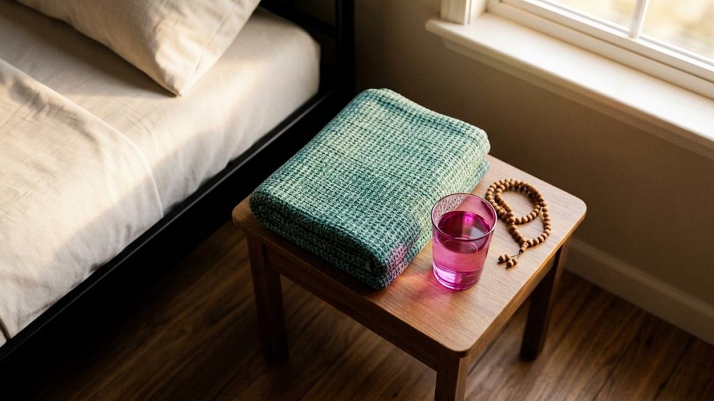 A still-life of a folded blanket, a glass of water and prayer beads beside a made bed, illustrating the Dua for Illness.