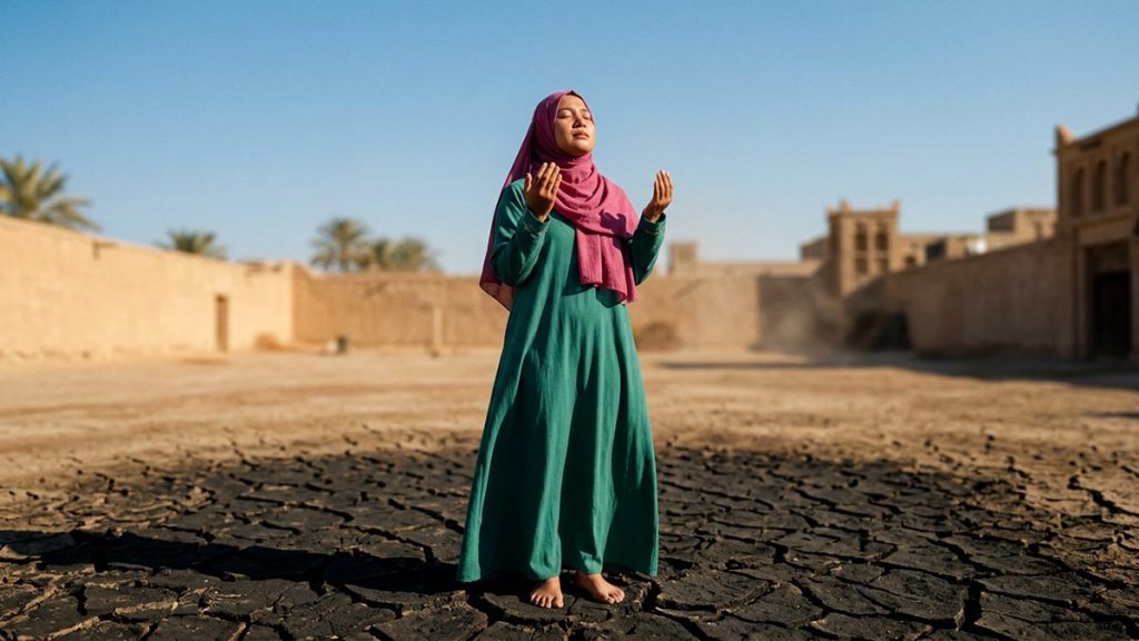 A Muslim woman in an open courtyard under a dry, cloudless sky, an opening scene for the Dua for Istisqa Prayer.