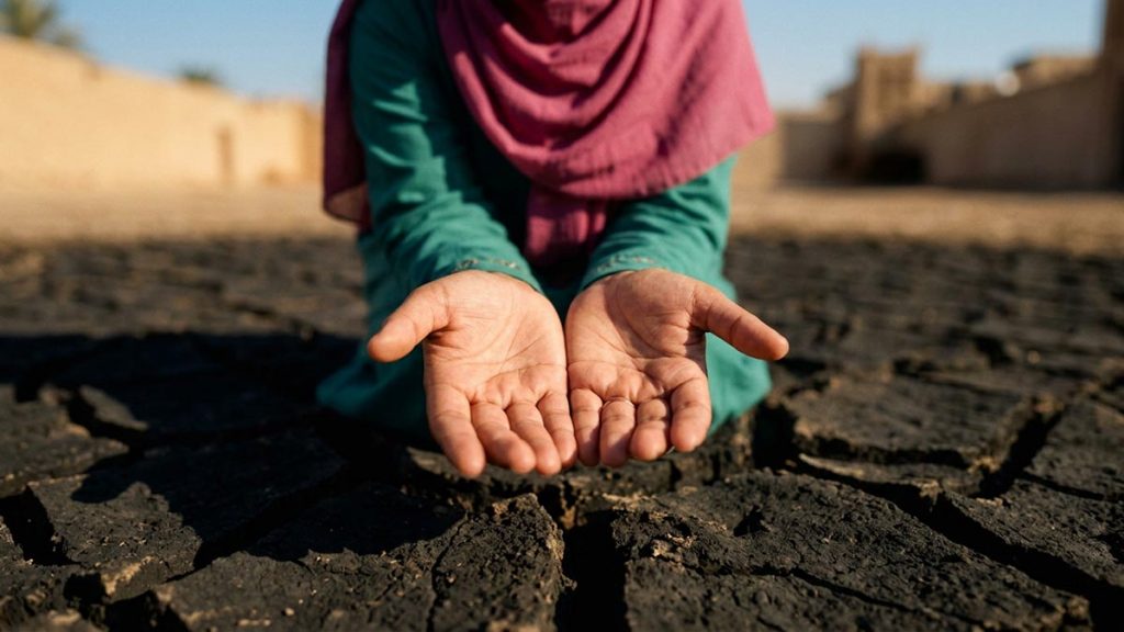 Close view of a Muslim woman's hands and the dry cracked earth during the Dua for Istisqa Prayer.