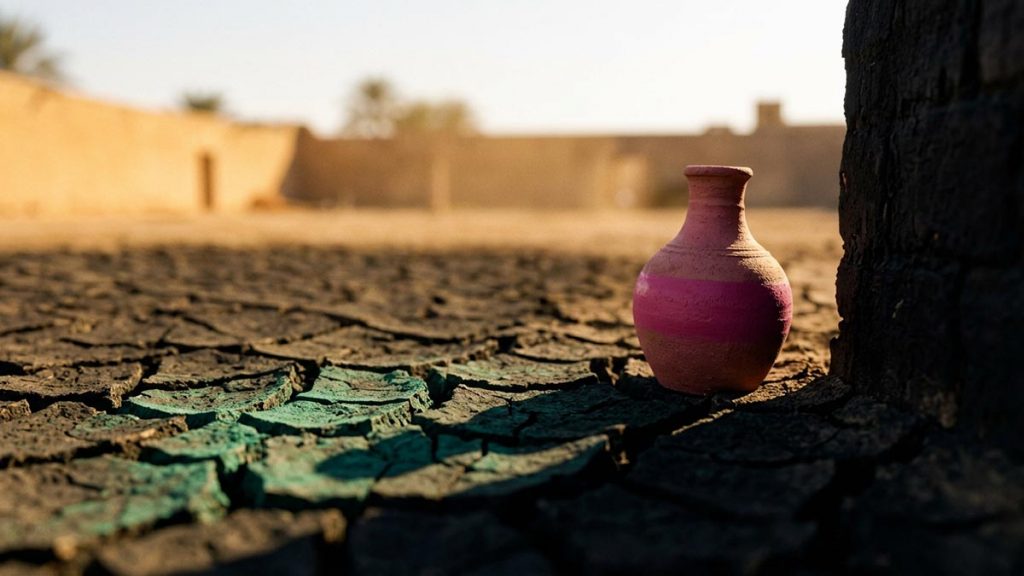 A still-life of dry cracked earth in an open courtyard beneath a bare sky, illustrating the Dua for Istisqa Prayer.
