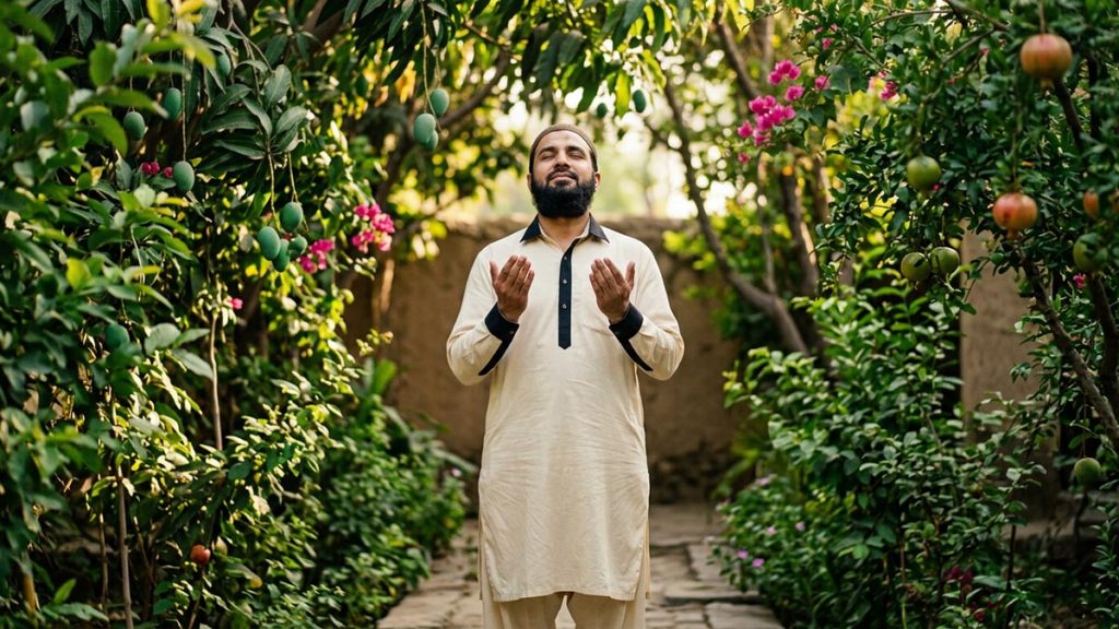 A Muslim man in a green garden courtyard beneath fruit trees, an opening scene for the Dua for Jannah.