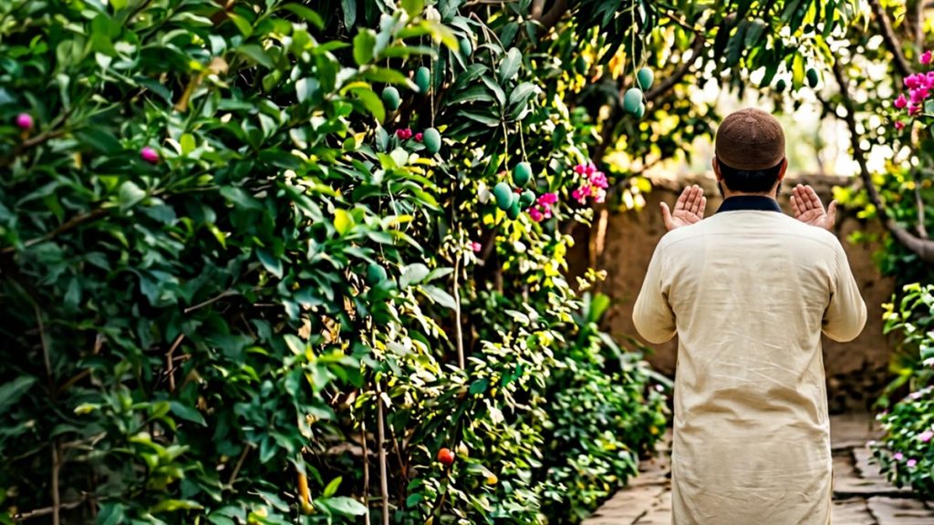 A Muslim man seen from behind in a green garden courtyard beneath fruit trees, reflecting the Dua for Jannah.