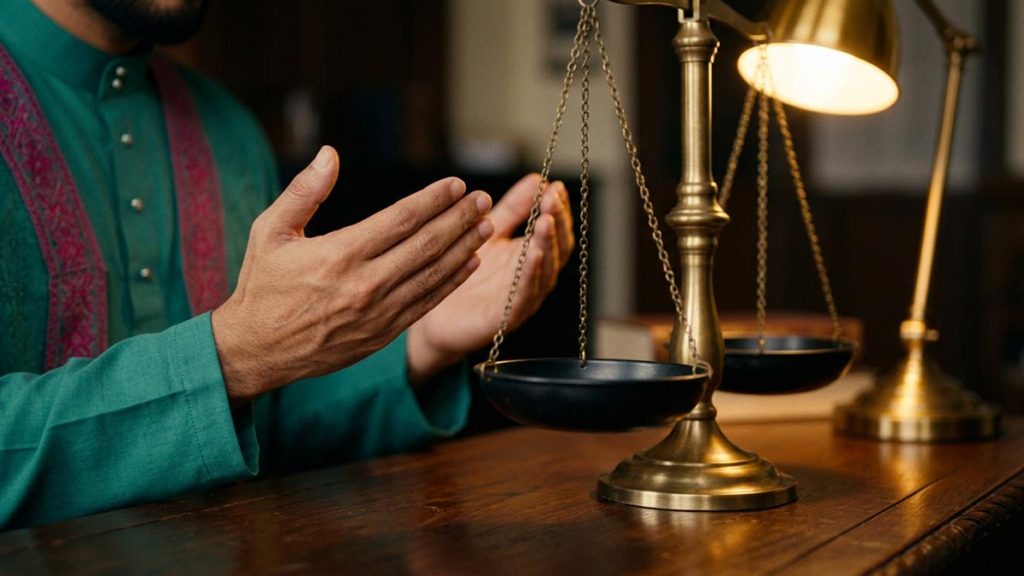 Close view of a Muslim man's hands and the set of balance scales during the Dua for Justice.