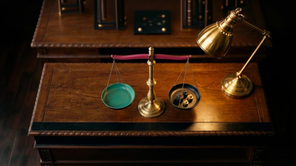 A still-life of a set of balance scales resting evenly on a desk, illustrating the Dua for Justice.