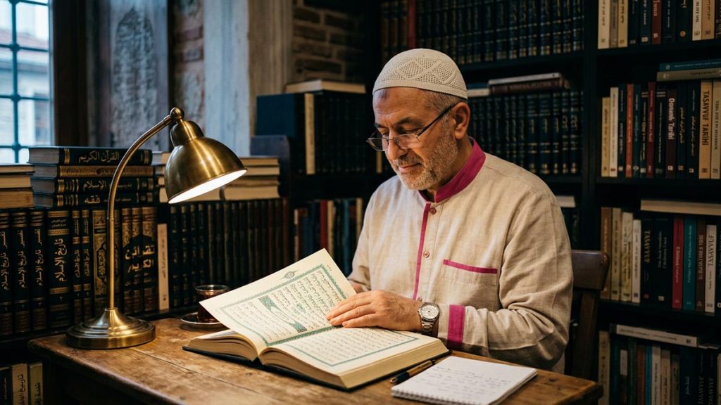 A Muslim man in a study lined with books and an open Quran, an opening scene for the Dua for Knowledge.
