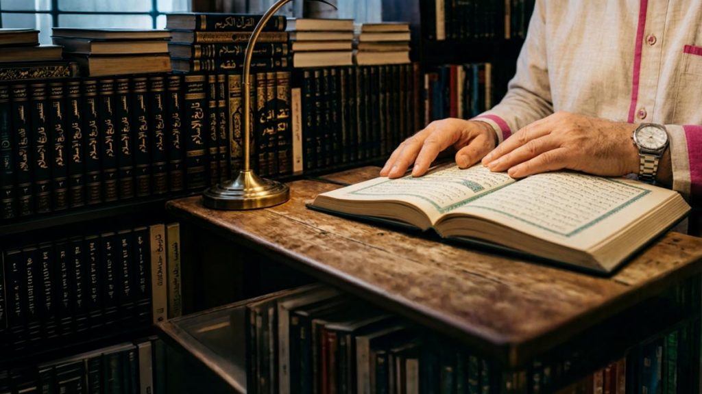 Close view of a Muslim man's hands and the open Quran surrounded during the Dua for Knowledge.