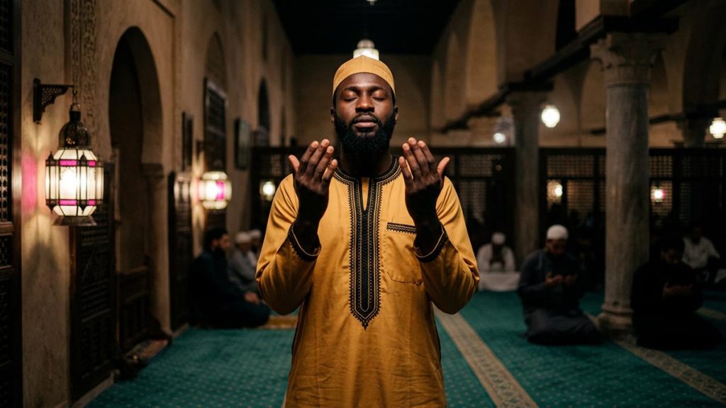 A Muslim man in a mosque late on one of the final nights, an opening scene for the Dua for Laylat al-Qadr.