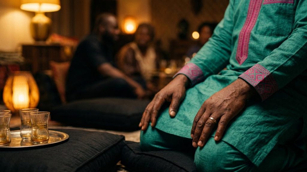Close view of a Muslim man's hands and the empty floor cushions and used tea glasses during the Dua for Leaving a Gathering.