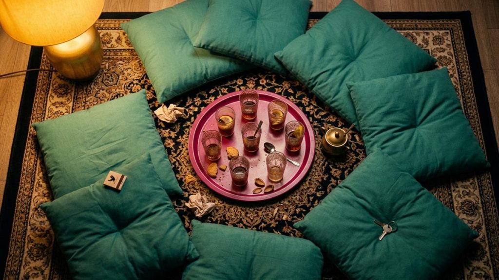 A still-life of empty floor cushions and used tea glasses left after a gathering, illustrating the Dua for Leaving a Gathering.