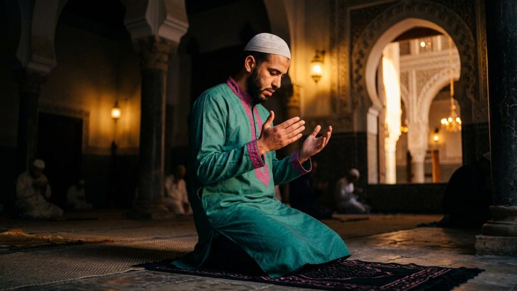 A Muslim man on a prayer mat at the turning of the night, an opening scene for the Dua for Leaving Sins.
