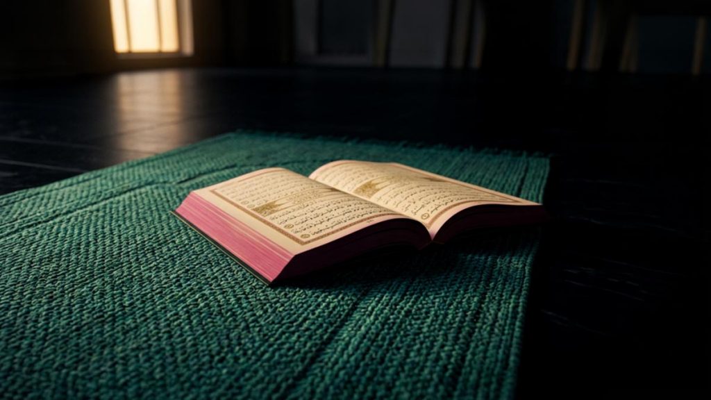 A still-life of a prayer mat with an open Quran in the quiet before dawn, illustrating the Dua for Leaving Sins.