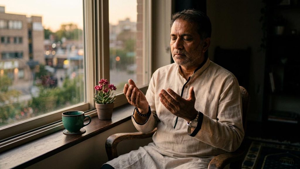 A Muslim man at a window in a quiet flat in the evening, an opening scene for the Dua for Loneliness.