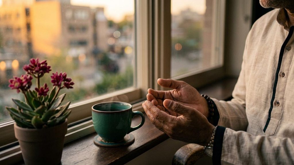 Close view of a Muslim man's hands and the single cup of tea during the Dua for Loneliness.