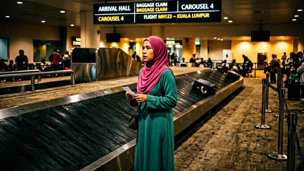 A Muslim woman beside an empty baggage carousel in an arrivals hall, an opening scene for the Dua for Lost Luggage.