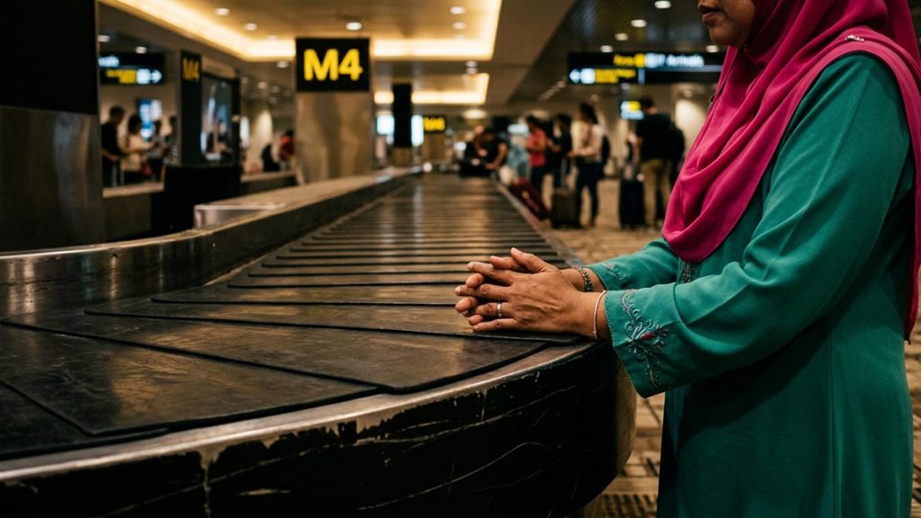 Close view of a Muslim woman's hands and the empty baggage carousel during the Dua for Lost Luggage.