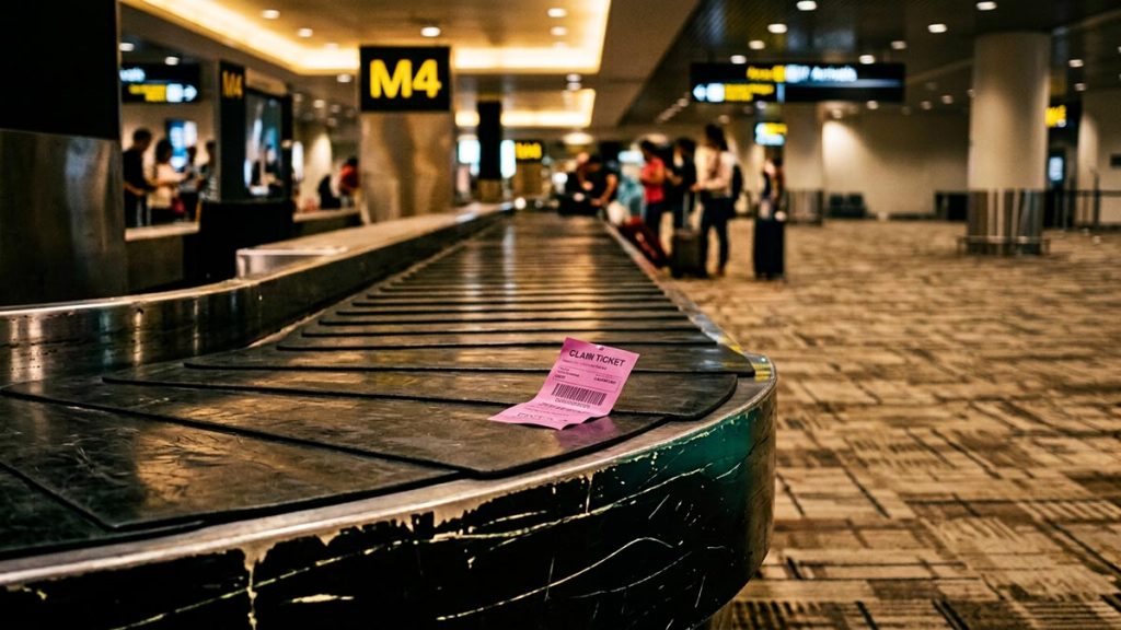 A still-life of an empty baggage carousel with a single claim ticket on its rim, illustrating the Dua for Lost Luggage.