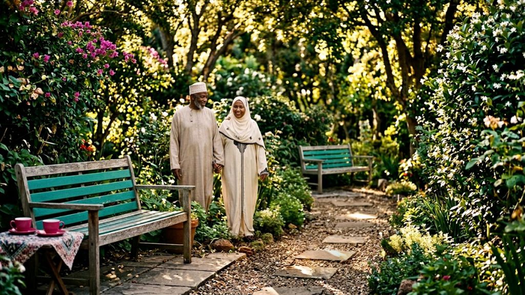 A Muslim family in a garden where a married couple walk together, an opening scene for the Dua for Love Between Spouses.