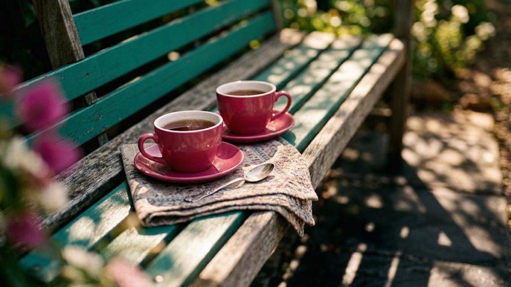 A still-life of two cups of tea on a garden bench beneath the trees, illustrating the Dua for Love Between Spouses.