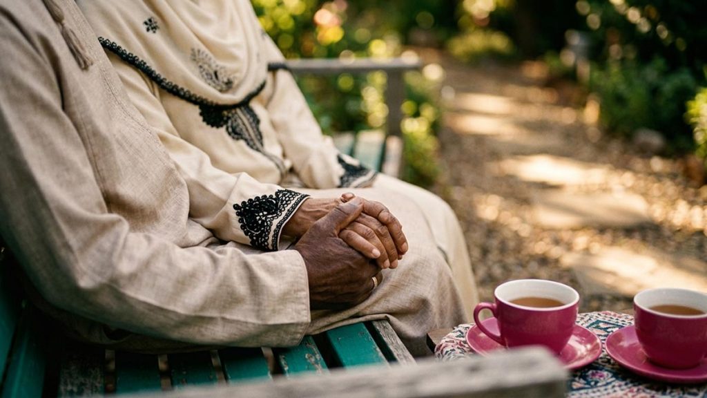Close view of a Muslim family's hands and the two cups of tea during the Dua for Love Between Spouses.