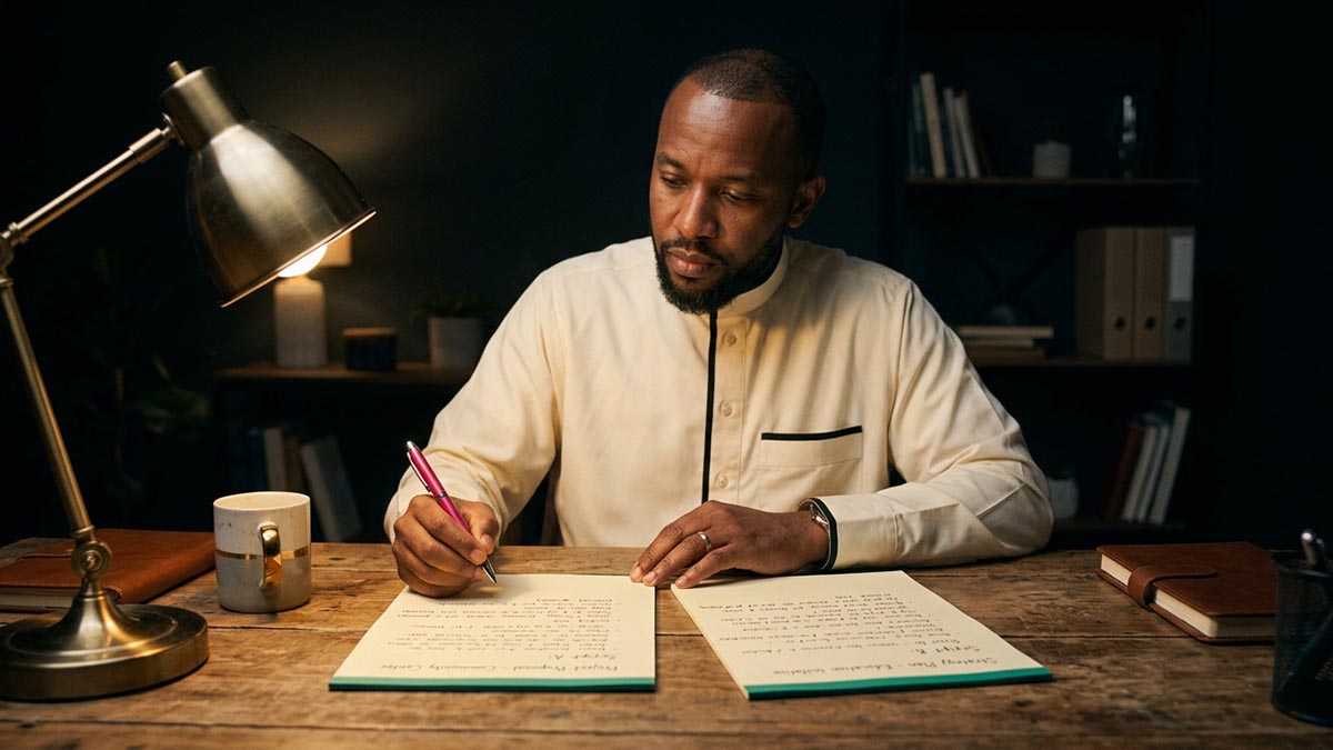 A Muslim man making the Dua for Making Choices, at a desk where two written options lie side by side.