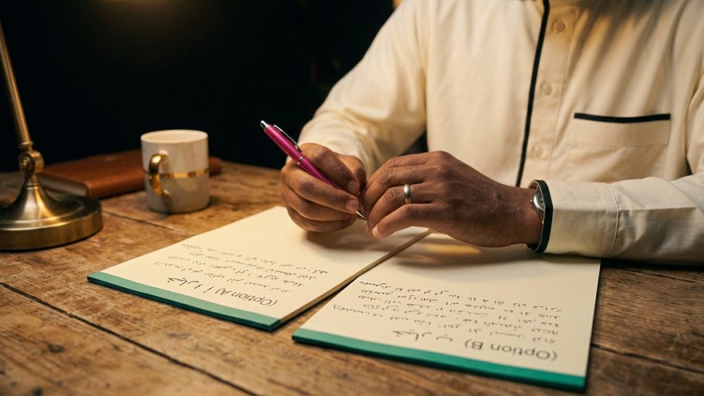 Close view of a Muslim man's hands and the two written notes side during the Dua for Making Choices.