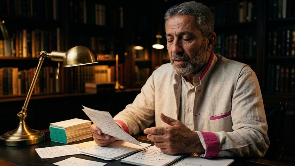 A Muslim man at a desk where notes are being memorised aloud, an opening scene for the Dua for Memory Retention.