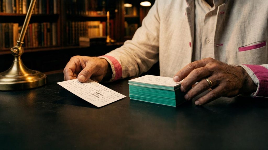 Close view of a Muslim man's hands and the stack of memorised notes during the Dua for Memory Retention.