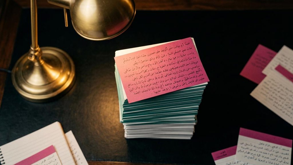 A still-life of a stack of memorised notes with one card turned face up, illustrating the Dua for Memory Retention.