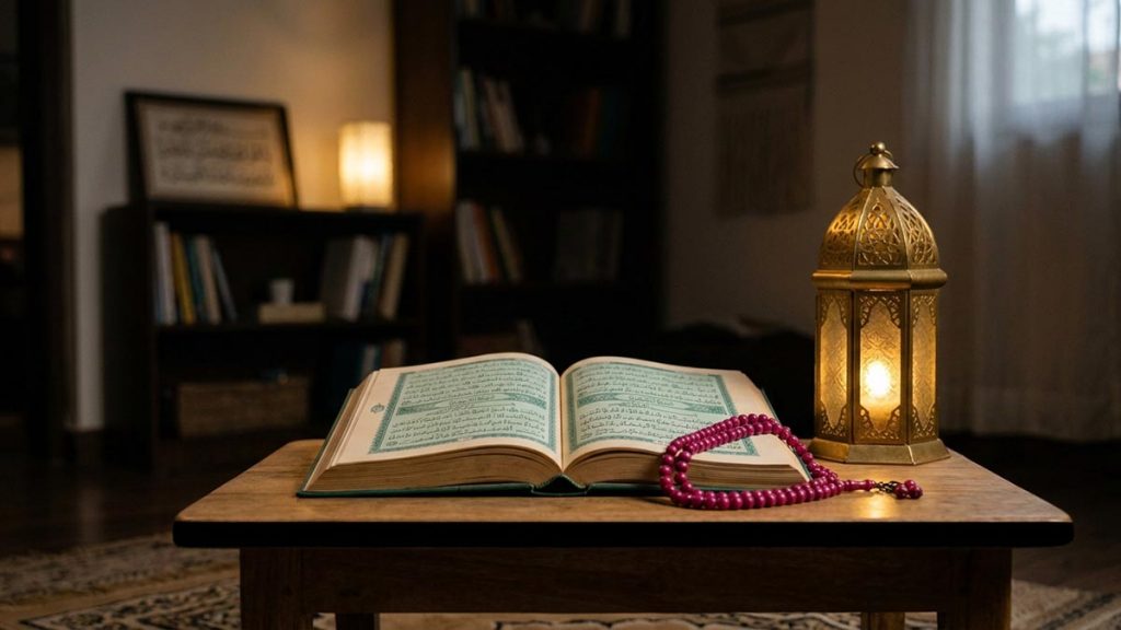 A still-life of an open Quran and a lit lamp in a still corner of a home, illustrating the Dua for Mercy Upon the Deceased.