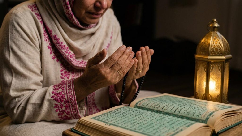 Close view of a Muslim woman's hands and the open Quran and a lit lamp during the Dua for Mercy Upon the Deceased.