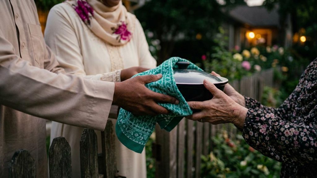 Close view of a Muslim family's hands and the covered dish of food during the Dua for Neighbours.