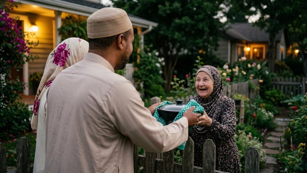 A Muslim family seen from behind at a garden fence between two neighbouring homes, reflecting the Dua for Neighbours.