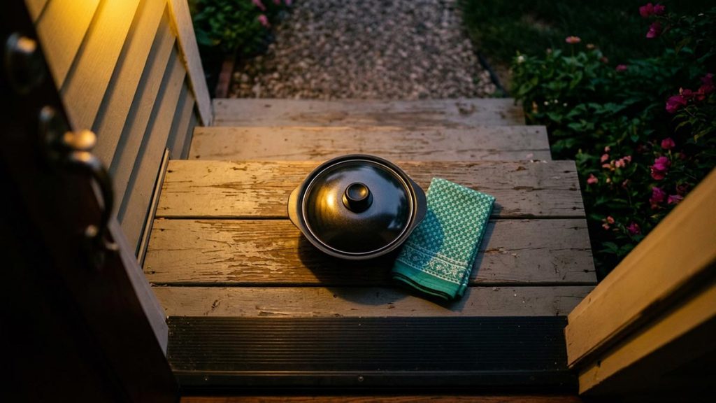 A still-life of a covered dish of food left on a neighbour's doorstep, illustrating the Dua for Neighbours.