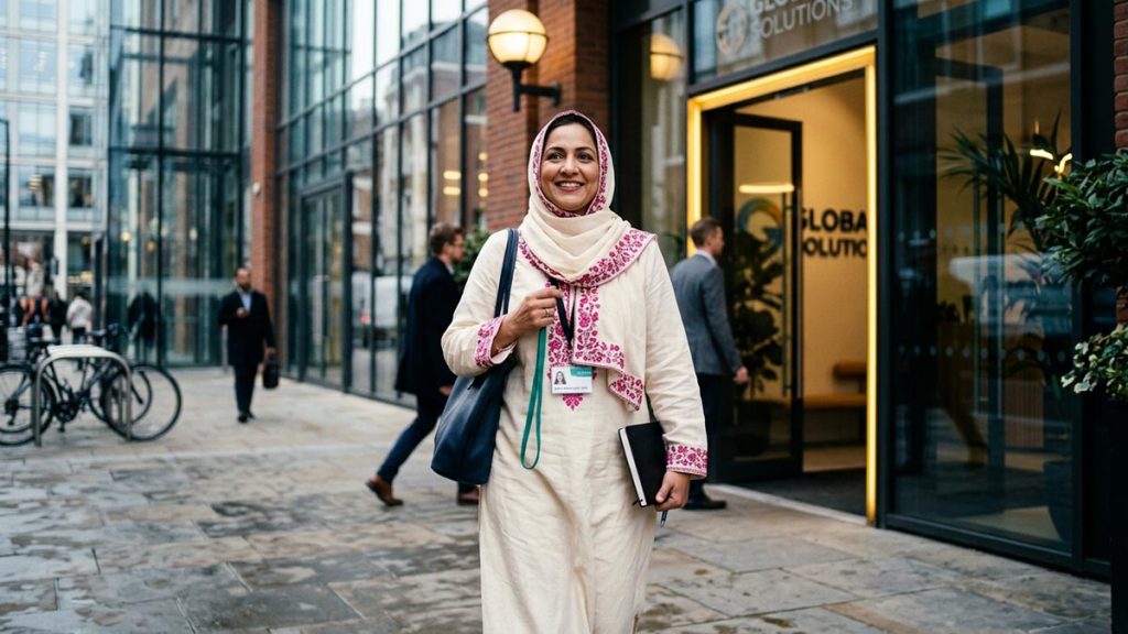 A Muslim woman at the entrance of a workplace on a first day, an opening scene for the Dua for New Employment.