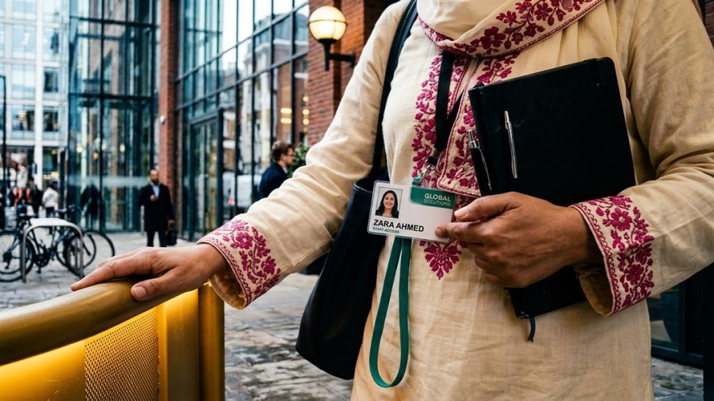 Close view of a Muslim woman's hands and the new staff pass during the Dua for New Employment.