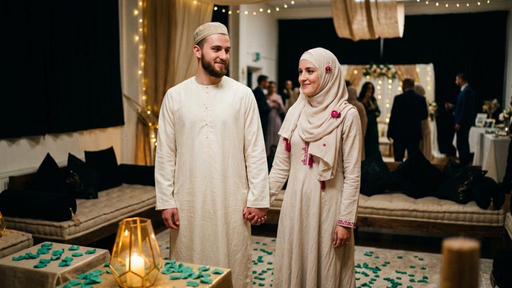 A Muslim family in a softly decorated room prepared for a wedding celebration, an opening scene for the Dua for Newlyweds.