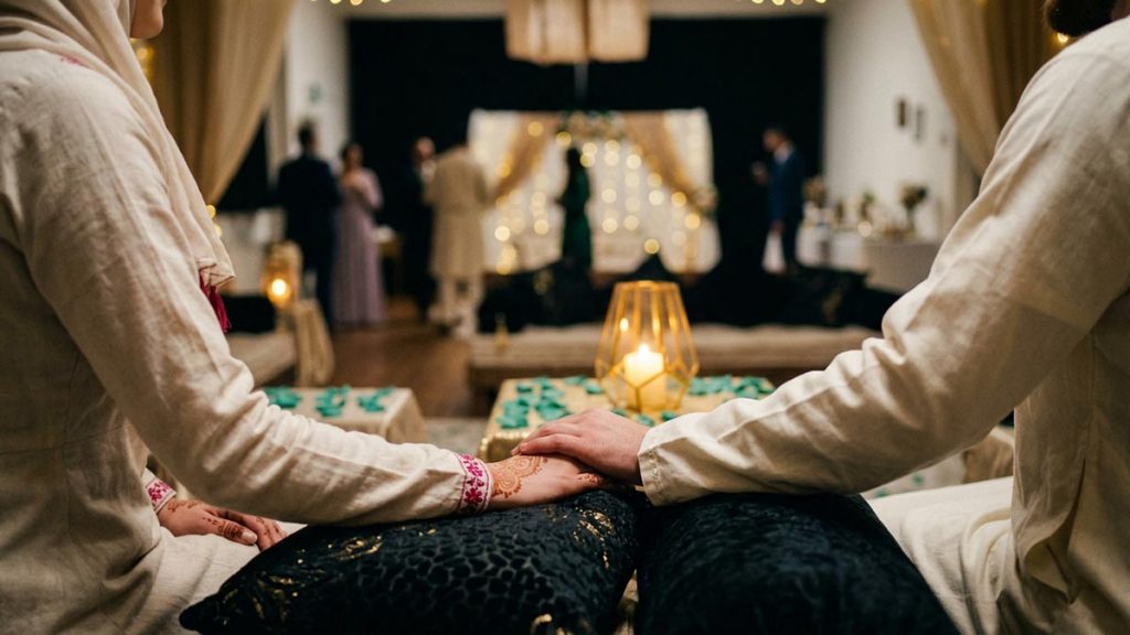 Close view of a Muslim family's hands and the decorated table during the Dua for Newlyweds.